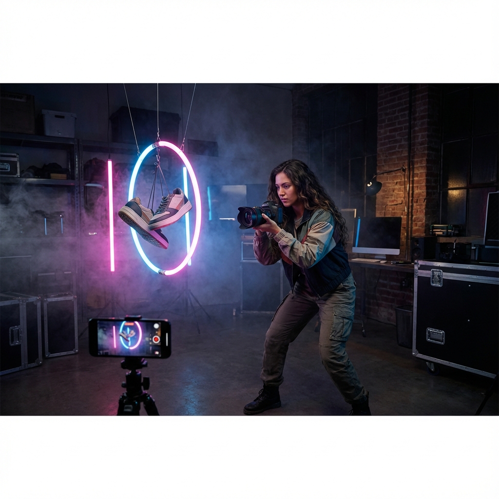 Female photographer in neon studio