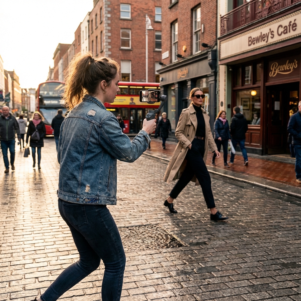 Female videographer filming on location